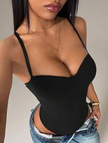 SHEIN PETITE 女款純色性感時尚細肩帶連身衣，適合嬌小女性 - 黑色 - 查看 8