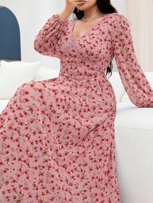 Feyla Plus Size Floral Print V-Neck Lace Patchwork Elegant Long Sleeve Dress Fall - Pink - View 4