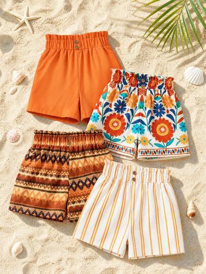 SHEIN Elladie kids Bộ 4 quần short nữ casual mùa hè. Một chiếc màu cam tươi sáng với cúc nhỏ cùng màu, kiểu dáng đơn giản. Một chiếc khác in họa tiết hoa lớn nhiều màu sắc với hoa đỏ, cam, tím trên nền trắng, phong cách Boho-Chic. Chiếc còn lại có họa tiết hình học phong phú, đan xen các sắc thái cam, nâu và be khác nhau trong các hình tam giác và sóng cổ điển, toát lên vẻ quyến rũ kỳ lạ.