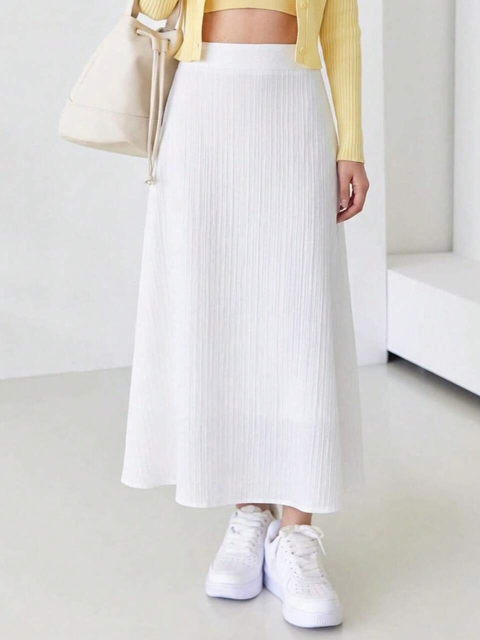 Women's Solid Color High Waist Casual Commuter Midi Skirt Vacation Plain White Autumn