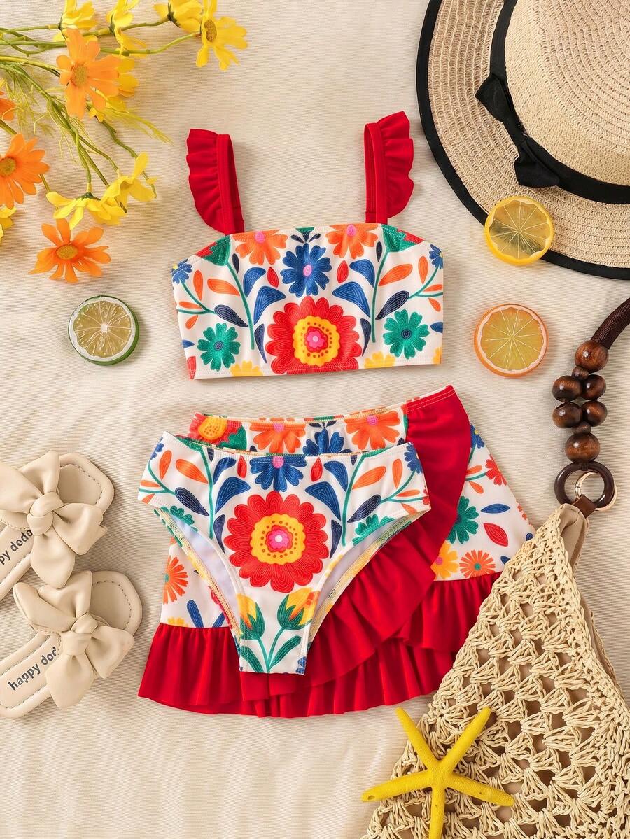SHEIN Bộ đồ bơi in hoa cho bé gái gồm áo khoác ngoài và váy, thích hợp cho kỳ nghỉ biển. - Nhiều màu - Xem 1