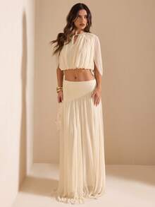 SHEIN BAE Bộ đồ 2 món màu mơ thanh lịch và thời trang dành cho nữ: áo và chân váy. - Màu be - Xem 4