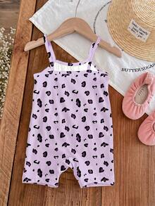 [RANDOM 4 PCS SEND 1 PC] Baby Girls Pink Summer Cute Family Matching Retro Leopard Bow Cartoon Rabbit Graphic Suspender Romper,Korean Style Outfit - Multicolor - View 5