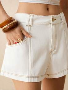 CielaLinda Quần short denim trắng có túi dành cho nữ - trắng - Xem 3