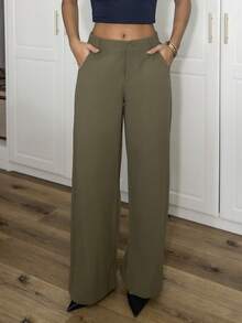 Ronhire Pantalones rectos y sueltos de cintura baja de color liso informal - Verde militar - Ver 1