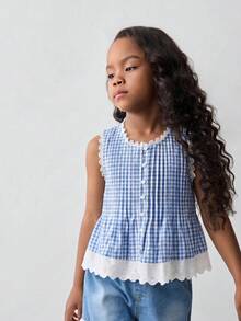 SHEIN X GALILEA Maija Kids Maija Kids 女童夏季休闲格子拼接前扣吊带背心 - 藍白色 - 查看 6