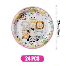 Platos, servilletas y vasos desechables con borde rosa y animales de la jungla, set de suministros para fiestas, sirve a 24 personas, vajilla de papel desechable para fiestas, adecuado para cumpleaños, bodas, fiestas temáticas, picnics familiares. - Ver 10