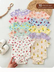 SHEIN Bộ 4 món áo liền quần tay ngắn dệt kim hình thỏ hoạt hình và hoa dễ thương cho bé gái sơ sinh, thích hợp cho mùa hè. - Nhiều màu - Xem 6