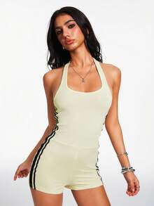 Nooralise Women's Color Block Halter Tie Casual Sexy Everyday Romper Golf Pastal Summer - Light Yellow - View 5