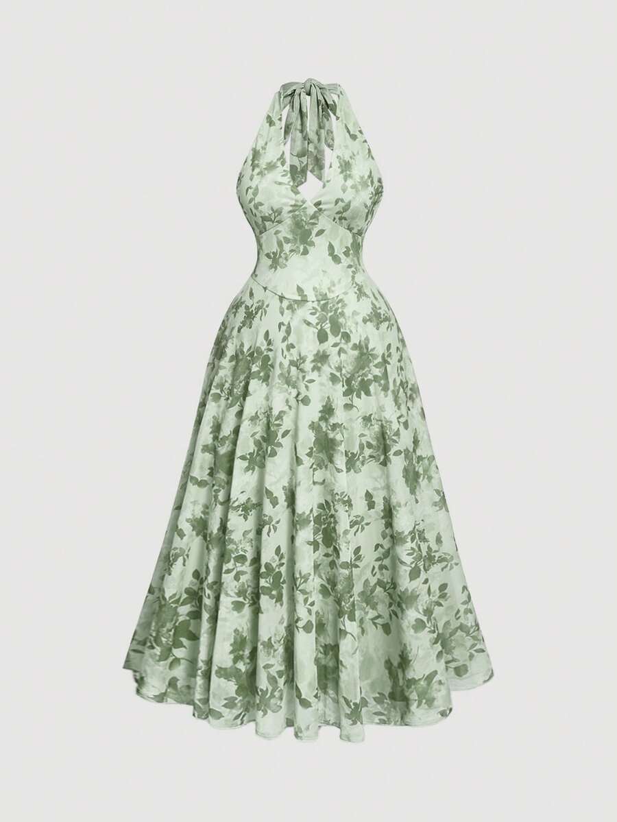 SHEIN MOD 大码印花吊带中长连衣裙 - 綠色 - 查看 1