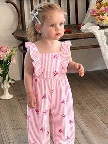 LMoss Kids Bộ áo liền quần dệt sọc cổ bèo cho bé gái, kiểu dáng thường ngày. - Màu Hồng baby - Xem 2