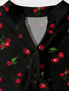 Mellowie Chemise de femme style vacances décontracté, imprimé cerises sur fond noir, cerises rouges. Style minimaliste, convient pour l'été. - Multicolore - Voir 5
