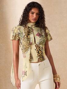 SHEIN BAE Women's Leopard Floral Print Patchwork Fashion Tropical Top Vacation Yellow Summer - Multicolor - View 4
