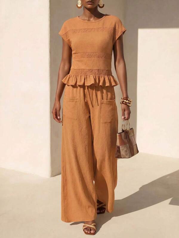 Zivah 2026 New Casual Beach Linen Feel Vacation Elegant Bohemian Beach Holiday Knit Top + Long Pants Set, Featured Ruched Element Knit Top Long Pants Set, Brown-Red Knit Top Long Pants Set, Bohemian Elegant Vacation Knit Top Long Pants Set, Travel Linen Feel Vacation Top Long Pants 2 Pieces Set