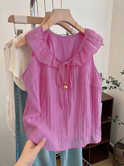 GlowEve CURVE Plus Size Solid V-Neck Ruffle Hem Casual Sleeveless Tie Front Shirt, Summer