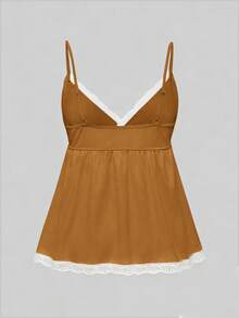 ROMWE Set Piyama Kasual Berbahan Camisole dan Celana Pendek dengan Motif Renda Bergaris - Coklat - View 6