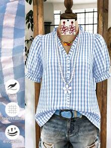 Linhara Plaid Ruffle V-Neck Blouse For Women, Puff Sleeve Casual Top, Plus Size Summer New Arrival - Blue and White - View 4
