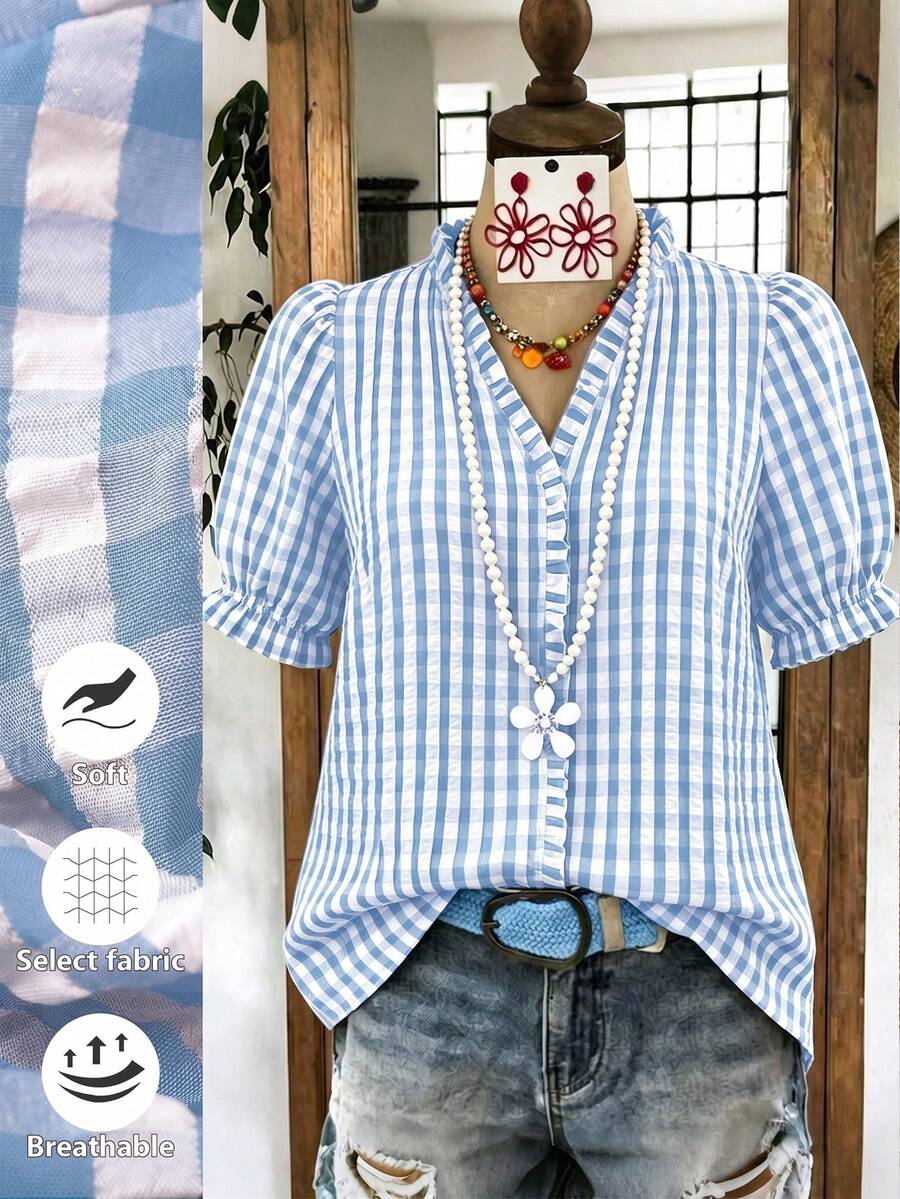 Linhara Plaid Ruffle V-Neck Blouse For Women, Puff Sleeve Casual Top, Plus Size Summer New Arrival - Blue and White - View 1