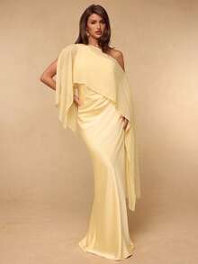 SHEIN BAE Đầm satin màu vàng kem trơn, dáng ôm, thích hợp cho mùa xuân và hè, kết hợp với khăn choàng vai bất đối xứng, kiểu dáng thanh lịch cho tiệc cưới, dự tiệc cocktail hoặc trang phục dự đám cưới. - Màu vàng - Xem 4