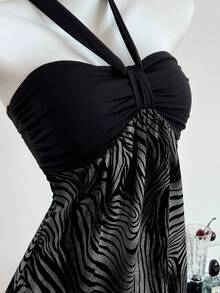 Elamini Vestido de mujer sin tirantes con bloque de color y estampado de leopardo fruncido - Gris Oscuro - Ver 7
