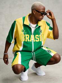 PAVTROS Men's World Cup 2 Pieces Set,Green,Summer,Streetwear,City Break,Short Shirt And Drawstring Shorts,Yellow Contrast Design,Sporty Fashion Gift - Green - View 6