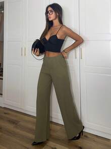 Ronhire Pantalones rectos y sueltos de cintura baja de color liso informal - Verde militar - Ver 5