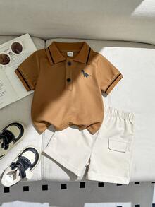 Souflis Souflis Baby Boy Dinosaur Embroidered Short Sleeve Polo Shirt And Shorts Casual Daily Outfit - Brown - View 3
