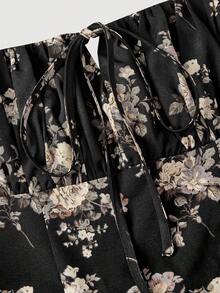 SHEIN MOD 女款花卉印花前綁帶優雅細肩帶迷你洋裝 - 黑色 - 查看 4