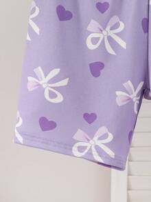4pcs Girls Elastic Knit Short Sleeve Shorts Pajama Set With Bow & Heart Design, Comfortable & Soft, Best Gift For Teenage Girls - Purple - View 6