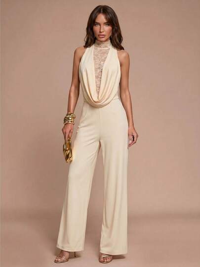 Glamine Mono sin mangas con patchwork de encaje, espalda descubierta, escote pronunciado, cintura alta y pierna holgada, color albaricoque y blanco, verano, elegante, mono de invitada de boda para mujer, citas