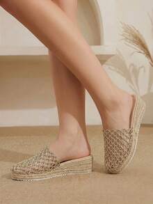 Styleloop Giày nữ đế xuồng mule hở lưng, gót dày, đan lưới vàng, đan dây thừng gai, chất liệu rơm, phong cách Boho, sandal mùa hè, phù hợp đi chơi, du lịch, hẹn hò, đi biển, phong cách thường ngày - Vàng - Xem 2