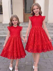 Elladie kids Red Summer Satin Party Spring Dress For Toddler Girls,Lace Floral Fabric,Flutter Sleeves,Ruffle Hem,Back Zipper Closure,Cute & Playful Summer Vacation - Red - View 4