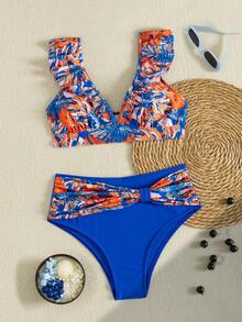Swim Lushoire Women's Hot Pink Aqua Blue Floral Tropical Leaf Print Ruffle Bikini Set Boho Tropical High Waisted Two Pieces Bathing Suit Summer Beach Vacation - Multicolor - View 7