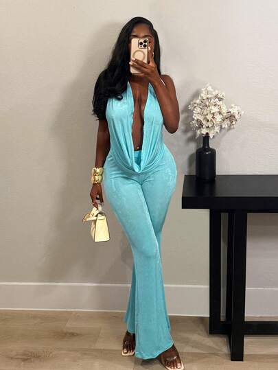SHEIN BamGlam The Lady's New Sexy Deep V-Neck Style, With A Backless Tie Design That Adds A Sense Of Allure. The Flowing And Elegant Sexy One-Piece Pants With Long Legs, Suitable For Vacations, Dates, Parties, Suitable For All Kinds Of Holiday Outfits.