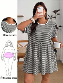 Enliva Plus Size Women's Striped Loose Short Sleeve Casual Dress, Suitable For Daily Casual And Commuting Wear, For Apple And Rounded Body Shape - Multicolor - View 1