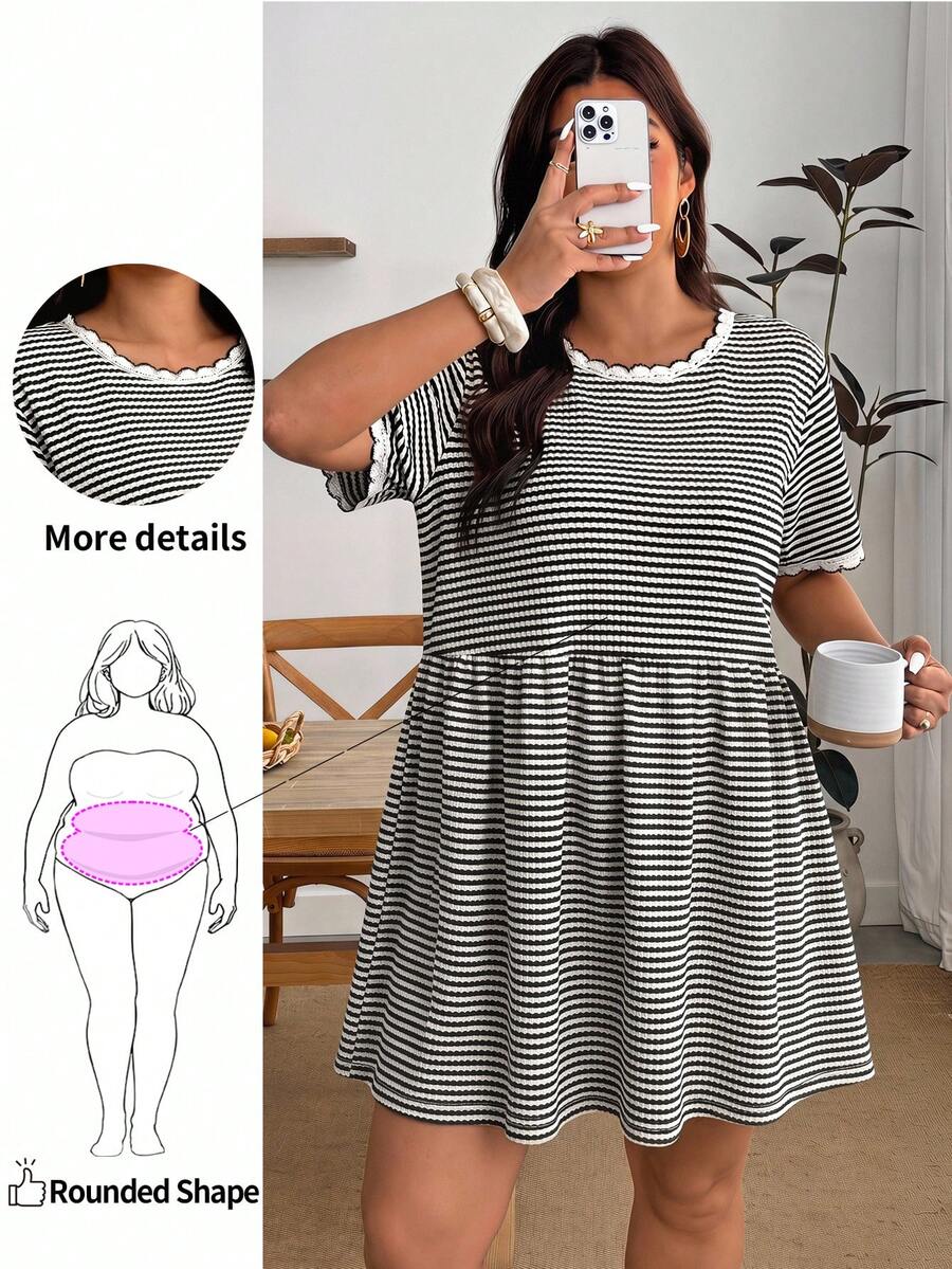 Enliva Plus Size Women's Striped Loose Short Sleeve Casual Dress, Suitable For Daily Casual And Commuting Wear, For Apple And Rounded Body Shape - Multicolor - View 1