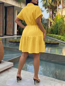 Slaydiva Plus Size Elegant Fitted Short Sleeve A-Line Ruffle Hem Shirt Dress,Yellow,Summer,Casual,Vacation,Holiday,Party,Birthday,Back To School,Campus Style - Yellow - View 2