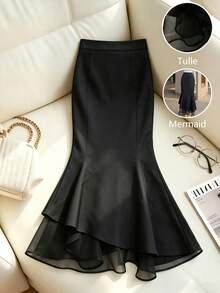 Airaco Women's Elegant Double-Layer Chiffon Mermaid Hem Solid Color Skirt Date Black Autumn - Black - View 2