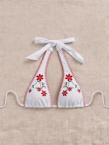 Swim Mod Women's Floral Print Halter Deep V Neck Vintage Bikini Top - Red - View 3