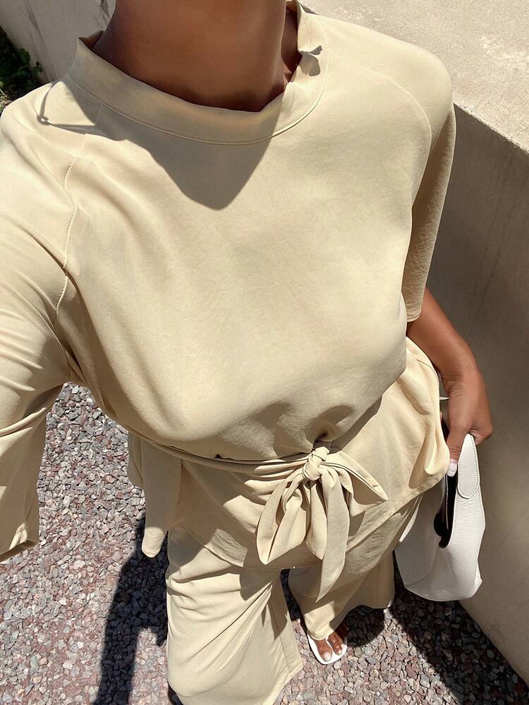 Women's Solid Color Short Sleeve Top With Knot Waist And Asymmetric Hem, 2 Pieces Set