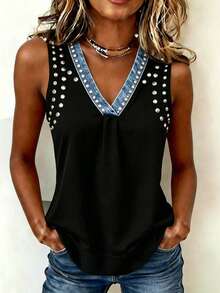 - Top de Mujer de Corte Regular con Estampado Efecto Denim, Bloques de Color y Adornos de Pedrería, Nueva Colección - Color caoba - Ver 4