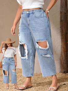EMERY ROSE Große Größen Lässig Destroyed Waschung Schrägtasche Jeans - Helle Waschung - Übersicht 7