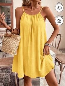 SHEIN Frenchy 夏季女士吊带波西米亚风连衣裙，必备单品，夏季穿搭，婚礼季必备，田园风抽绳连衣裙，女士棉质连衣裙 - 黃色 - 查看 2