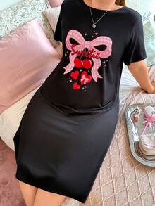 Slumberry CURVE Cute INS Contrast Plaid Bow Cherry Heart Print Loose Fit Plus Size Nightgown - Black - View 1