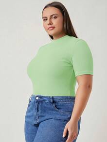 SHEIN BASICS Plus Size Women's Solid Color Casual Round Neck Short Sleeve Knit T-Shirt - Green - View 4
