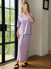 DAZY Women's Solid Color Round Neck Drop Shoulder Short Sleeve Loose Casual Summer Pajama Set - Dusty Purple - View 6