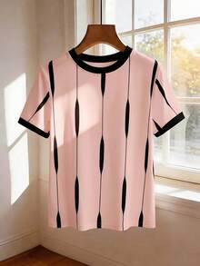 GlowEve Women's Casual Modest Color Block Round Neck Short Sleeve T-Shirt Summer Day Time Office Pink Stripe - Multicolor - View 7