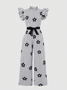SHEIN Tween Girls Ruched Collar, Detachable Waist Belt, Polka Dot Pleated Jumpsuit, Featuring Flutter Sleeves, Ruffle Collar. Suitable For Elegant Casual, Holiday, Party, Shopping - Black and White - View 7