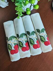 Cirelle 1/2/4pcs Cherry Embroidered Cotton Napkins, Cute Fruit & Floral Cloth Napkin, Reusable & Washable Dinner Napkins For Kitchen, Party, Wedding, Home Table Decor - Multicolor - View 14