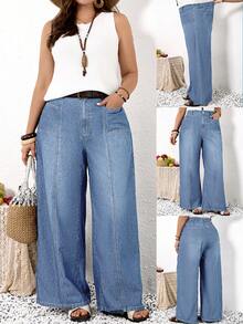 EMERY ROSE EMERY ROSE Plus Size Straight Loose Casual Jeans With Pockets, Versatile For Daily Wear, Summer - Light Wash - View 1